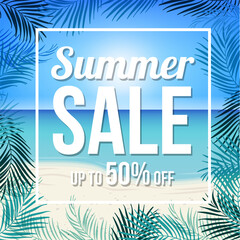 Summer sale banner with palm leaves background