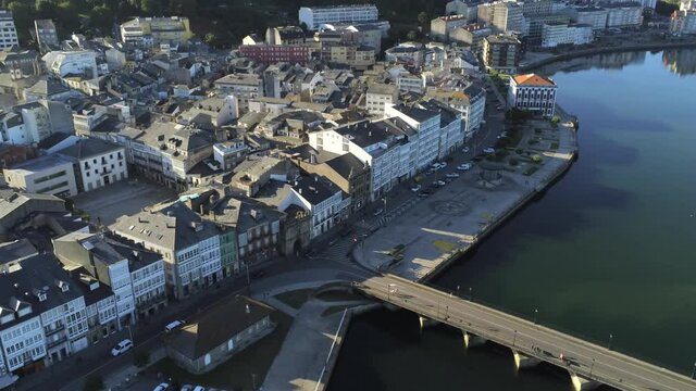 Aerial view of buildings in coastal village of Viveiro. Galicia.Spain. Drone Footage