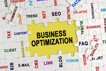 Puzzle with economic captions, in the center the inscription - BUSINESS OPTIMIZATION