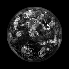 3d render of black and white abstract art of surreal spooky 3d glass ball planet or asteroid with blur effect on the edges with scratches and damages on surface with parallel lines pattern in the dark