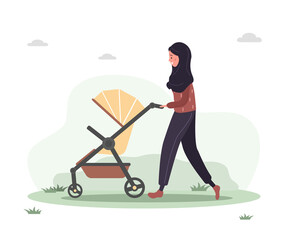 Young arab woman walking with her newborn child in an pram. Girl on a walk with a stroller and a baby in nature in the open air. Vector illustrations in flat style.
