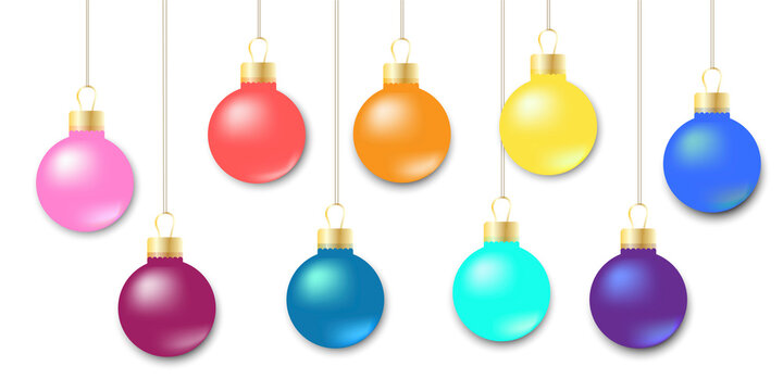 Christmas balls without ornament. Vector image of Christmas toys on the ropes. Realistic background for the new year. Stock photo.