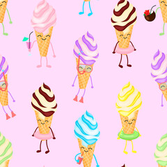 Cartoon Ice Cream. Seamless pattern. Vector illustration isolated on a pink background.
