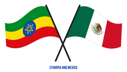 Ethiopia and Mexico Flags Crossed And Waving Flat Style. Official Proportion. Correct Colors.