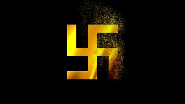 Hindu, holy, indian, religion, swastik, swastika Icon Golden  Blinking Glitter Glowing Shine on Blue Particles. Shape, Web, Text , Design, Element Symbol 