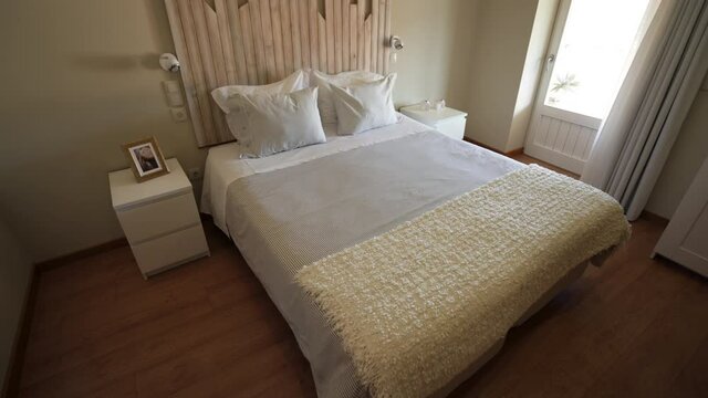 Classic White Bedroom With Minimalistic Design. Interior Walk Through - dolly shot