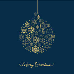 Postcard with a Christmas ball of golden snowflakes and `Merry Christmas` text on dark blue background. For Xmas, New Year, winter holiday design