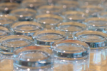 Many empty glasses in buffet restaurant.