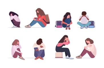 set depressed mix race people crying depression problems stress psychotherapy bullying concept full length horizontal vector illustration