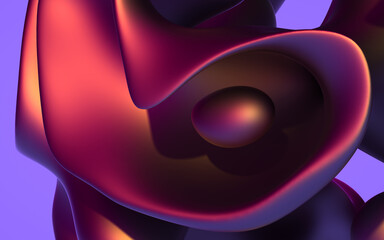 3d render of abstract art 3d background with part of surreal flower in organic curve round wavy smooth and soft bio forms in matte metal material in purple and orange gradient color on violet back