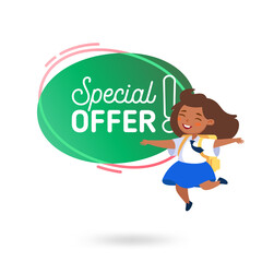 School Sale Special Offer Advertising Banner. Cute Cartoon Girl Student in Uniform Jumping and Rejoice. Off and Discount
