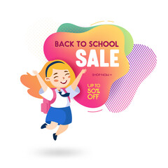 Back to School Sale Banner in Memphis Style with Cute Cartoon Girl Student with Backpack and Uniform, Little Pupil Jump