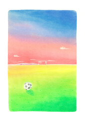 手前のサッカーボールと夕方のグラウンドの自然の不思議な色合いをカラフルに表現