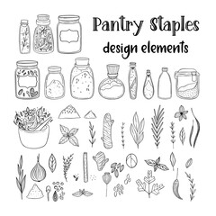 Illustration of a pantry staple objects. Spices and herbs. Spices and grains in a jars.
