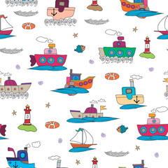 Seamless pattern with a marine theme of ships. Boats seamless children's pattern for fabric and Wallpaper