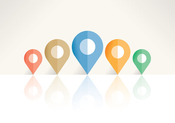 Navigation (Google maps etc.) application program map pin pointers. Concepts: GPS, cartography symbols, travel, landmarks, tourist famous places, tourism, address, transportation location markers