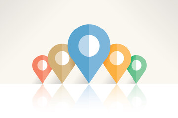 Navigation (Google maps etc.) application program map pin pointers. Concepts: GPS, cartography symbols, travel, landmarks, tourist famous places, tourism, address, transportation location markers