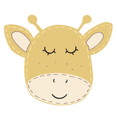 cute kawaii brown giraffe head with funny ears and horns, kids toy, decorative stitching seam vector element