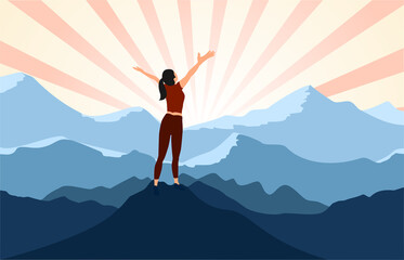 Fototapeta na wymiar successful woman hiker enjoy the view with arms open on cliff edge top of mountain and sunshine background.