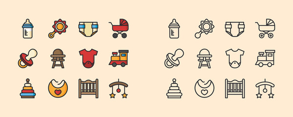 Collection Baby Toys And Elements Vector Icons Set Flat Style. Pictograms. Monochrome and Filled Contour Illustrations