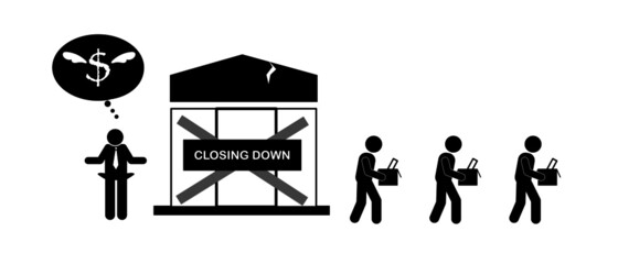 Economic and financial crisis, closing down and layoff concept. Stick Figures (Pictogram) Vector illustration.