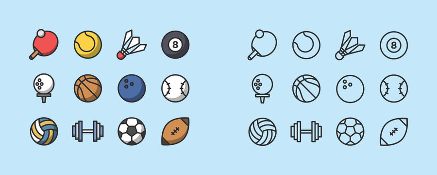 Sports icons set. Set of icon with kind of sports. Pool, tennis, snooker, golf, regby, football, bowling, baseball
