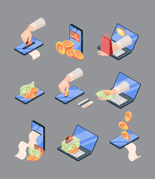 Shopping and sales online isometric large set. Bonus discount for bulk order mobile web applications with retail electronic payment issuance check prepayment by credit card. Cartoon vector.