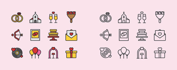 Simple Set of Love Related Vector Flat Icons. Contains such Icons as Romantic Letter, Wedding Rings, Gift, Gift and more. Editable Stroke. 