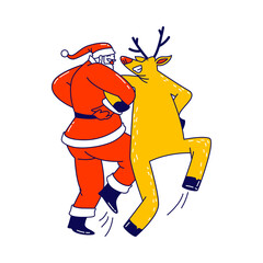 Santa Claus and Reindeer Dancing Holding Hands. Christmas Character in Red Traditional Costume Perform Dance at Party