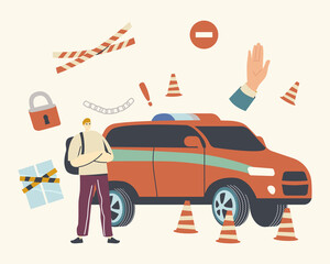 Male Character with Crossed Arms at Car with Siren Protect Closed Territory. Palm Gesture Stop Signal, Parking Forbidden
