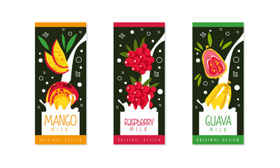 Fruit and Berries Milk Packaging Label Design Set, Mango, Raspberry, Guava Natural Organic Fresh Healthy Dairy Product Cartoon Style Vector Illustration