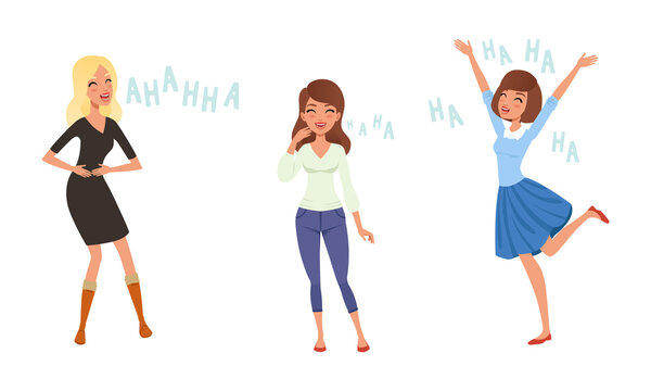Happy Young Women Laughing Set, People Positive Emotions Cartoon Style Vector Illustration