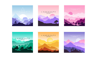 Beautiful Mountain Landscape in Different Times of Day Set, Summer Sceneries of Nature for Poster, Banner, Flyer or Cover Vector Illustration