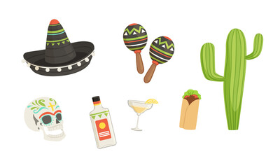 Set of Mexico Latin America Symbols, Cinco de Mayo Design Elements Cartoon Style Vector Illustration