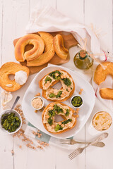 Friselle with turnip tops and hummus.
