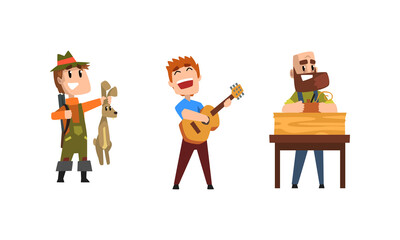 Male Creative Occupation Set, Hunter, Guitarist Musician, Carpenter, Cartoon Style Vector Illustration