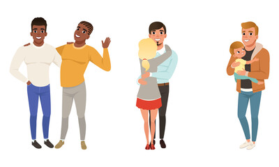 Fototapeta premium Set of Different Families with Kids, Happy Homosexual and Traditional Couples, Single Father with Son Cartoon Style Vector Illustration