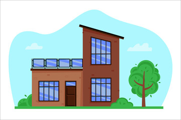 Conemporary house with slanting roof and terrace. Pure architectural design.