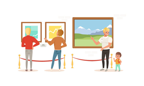 Exhibition Visitors Viewing Paintings at Art Exhibition Gallery or Museum Cartoon Style Vector Illustration
