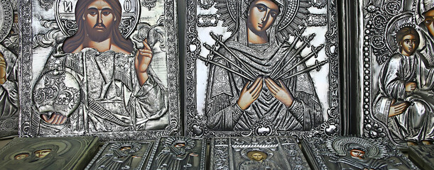 Kalambaka, Greece - September 17, 2019: Orthodox icons in a church shop, church faith concept