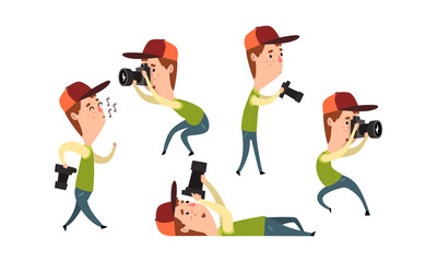 Paparazzi Photographing with Camera Set, Funny Photographer Cartoon Character Taking Photos Vector Illustration