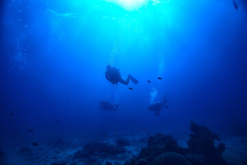 divers in the ocean, underwater sport active recreation in the deep ocean