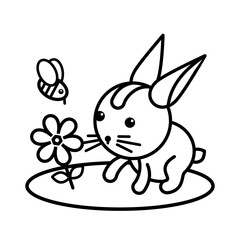 Bunny and flower. Stylization of simple shapes. Black and white illustration. Picture for coloring. Vector image.