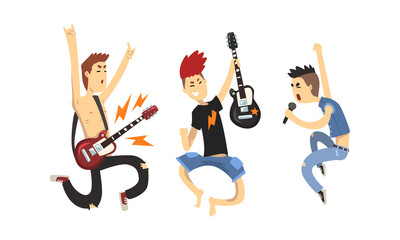 Rock Musicians Characters Set, Musical Band Members Playing Guitar and Singing with Microphone Cartoon Style Vector Illustration
