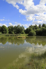 Fototapeta na wymiar Summer landscape with a small pond and clouds reflections in it