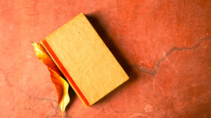An old book with a dry leaf kept on a vintage red background 