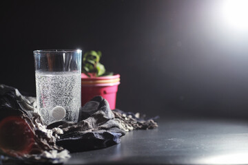 Composition from Bottles of cough syrup.Healthcare, medicine, flu and treatment concept - paper wipes and thermometer with pills.