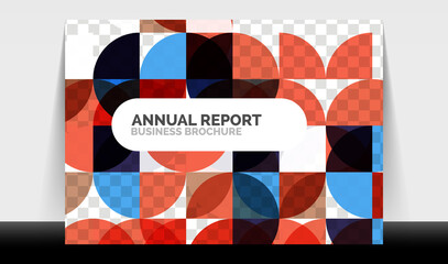 Horizontal A4 business flyer annual report template, circles and triangle style shapes modern geometric design for brochure layout, magazine or booklet