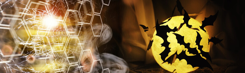 Black silhouettes of bats on a background of the moon. Halloween concept. Scary background. Frightening abstract objects for Halloween.