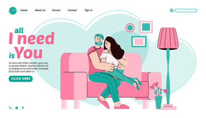 Online dating to build relationships service website design with cartoon embracing couple at home, flat vector illustration. Landing page for virtual love communication.